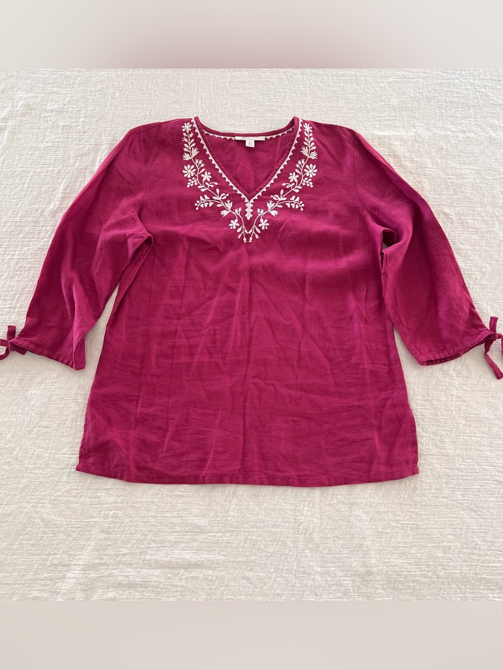 JM Collection Linen Fuchsia Embroidered V-Neck Tunic Sz 12